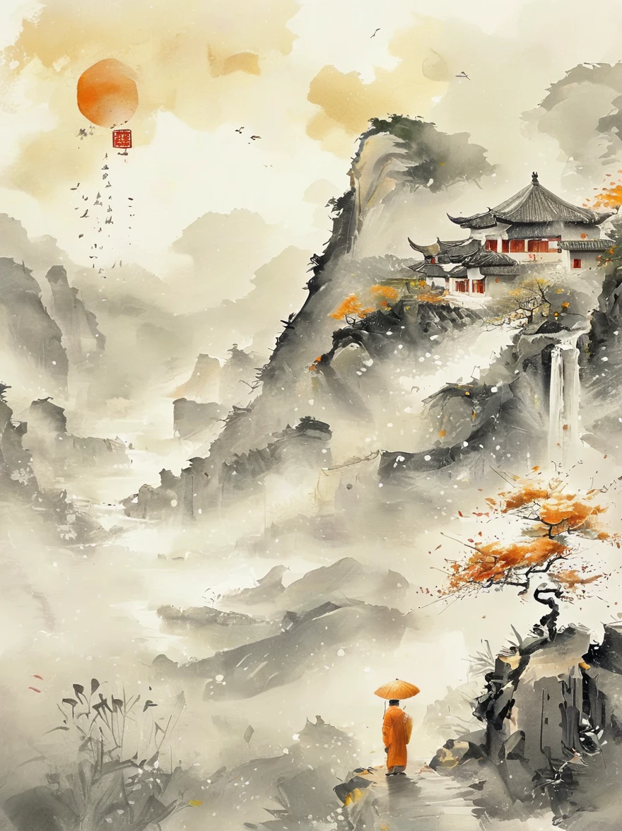 The Huang Shan Mountains, traditional ink painting Draw on rice paper Use thick and clear ink to create light and dark variations and layers, autumn tree colors (yellow, orange and red) Beautiful view of autumn Lonely atmosphere Morning fog. traditional Chinese art, author Guo Xi, author Ma Yuanyu, traditional Chinese painting, author Hirsute, author Create Mu, author Yang Buzhi, author Li Kela, author Gu An, Ink painting ) ) ), Ink painting, Chinese painting style