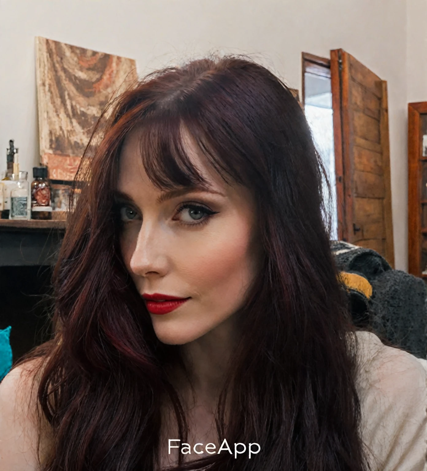arafed woman with long dark hair and red hair, with pale skin, soft smile, profile image, looking to the side off camera, high quality portrait, pale skin and dark eyes, color portrait, looking to the side, portrait image, sultry look, anastasia ovchinnikova, inspired by Jessie Alexandra Dick, headshot profile picture, tiffany dover