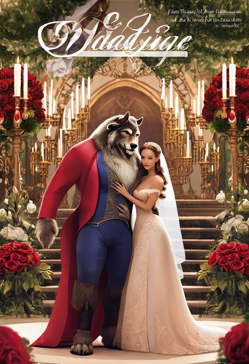 cover_page, Fairy tale wedding. Red Riding Hood, wolf man , elegant gown, hunter sharp suit, romantic, lavish decorations, ceremony, beauty and the beast,