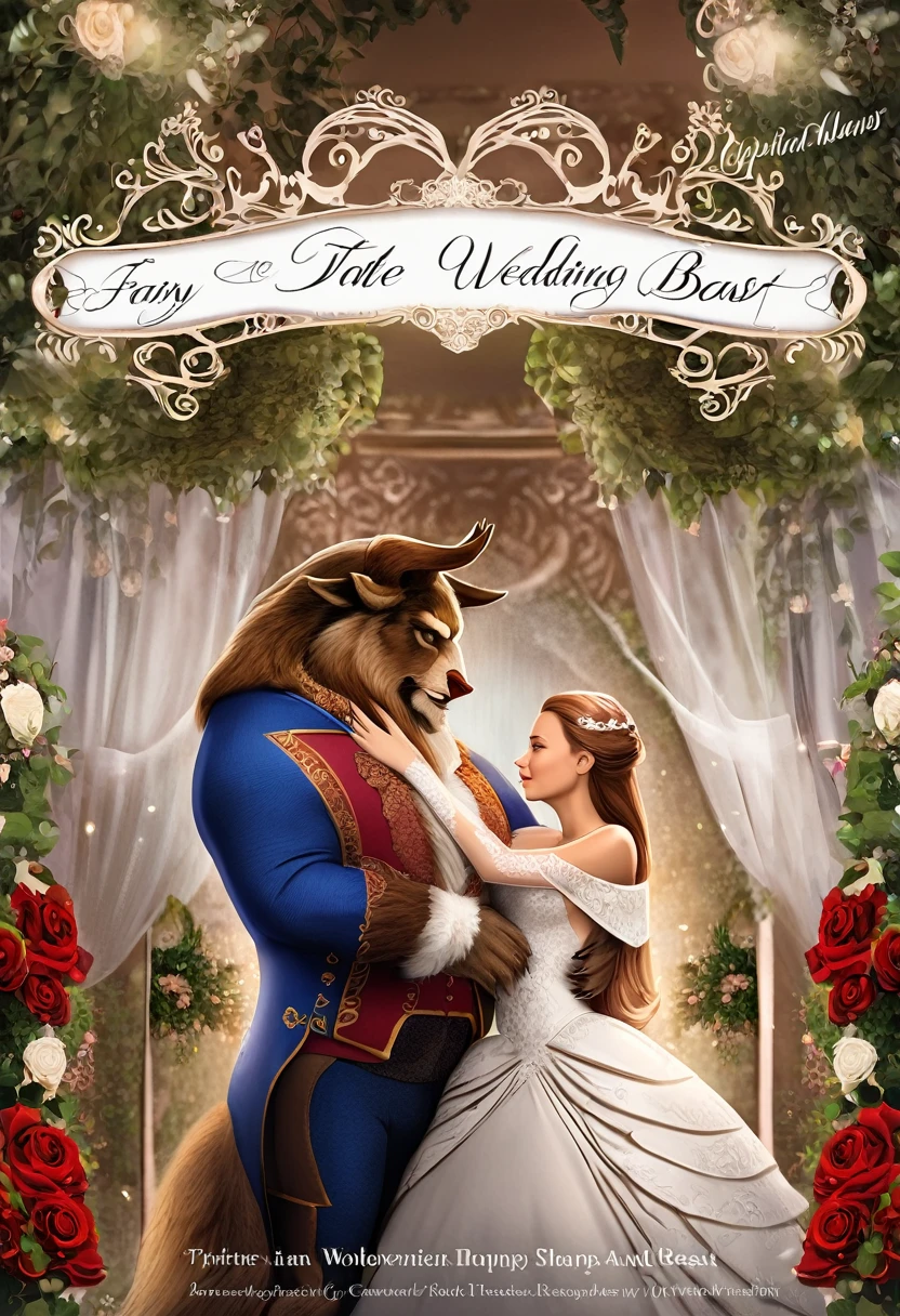 cover_page, Fairy tale wedding. Red Riding Hood, wolf man , elegant gown, hunter sharp suit, romantic, lavish decorations, ceremony, beauty and the beast,