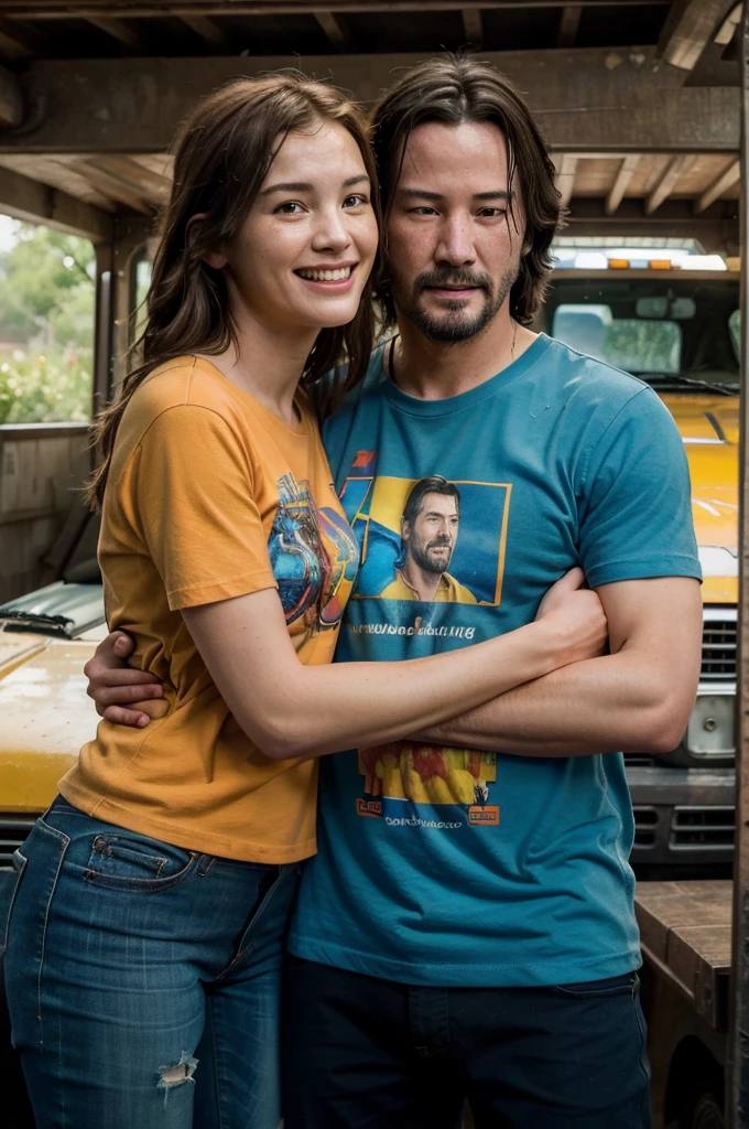 ((best quality)), ((masterpiece)), (detailed), perfect face, Couple, man and woman, laughing, hugged, foreground, Ellie de the Last of us 2 y Keanu Reeves, blue and yellow wool t-shirt with orange and red print, inside a truck