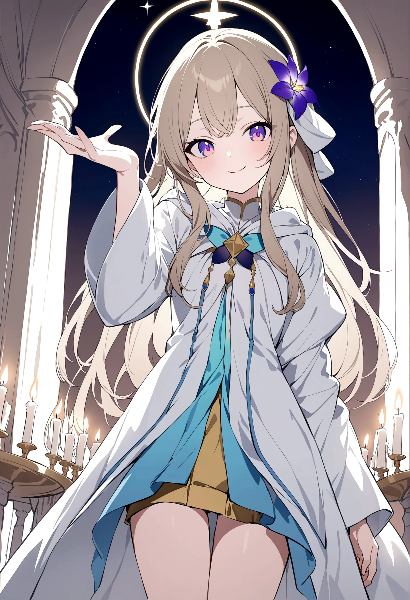 (masterpiece, 32k, 8k) a 17 year old girl, (looking at the sky with her hand stretched high), (character looking at the viewer), priestess coat, hood on her head, light brown hair, eyes colored like a rainbow iris, (beautiful and heavenly face, cheerful smile 1.5), (candlelit hall)