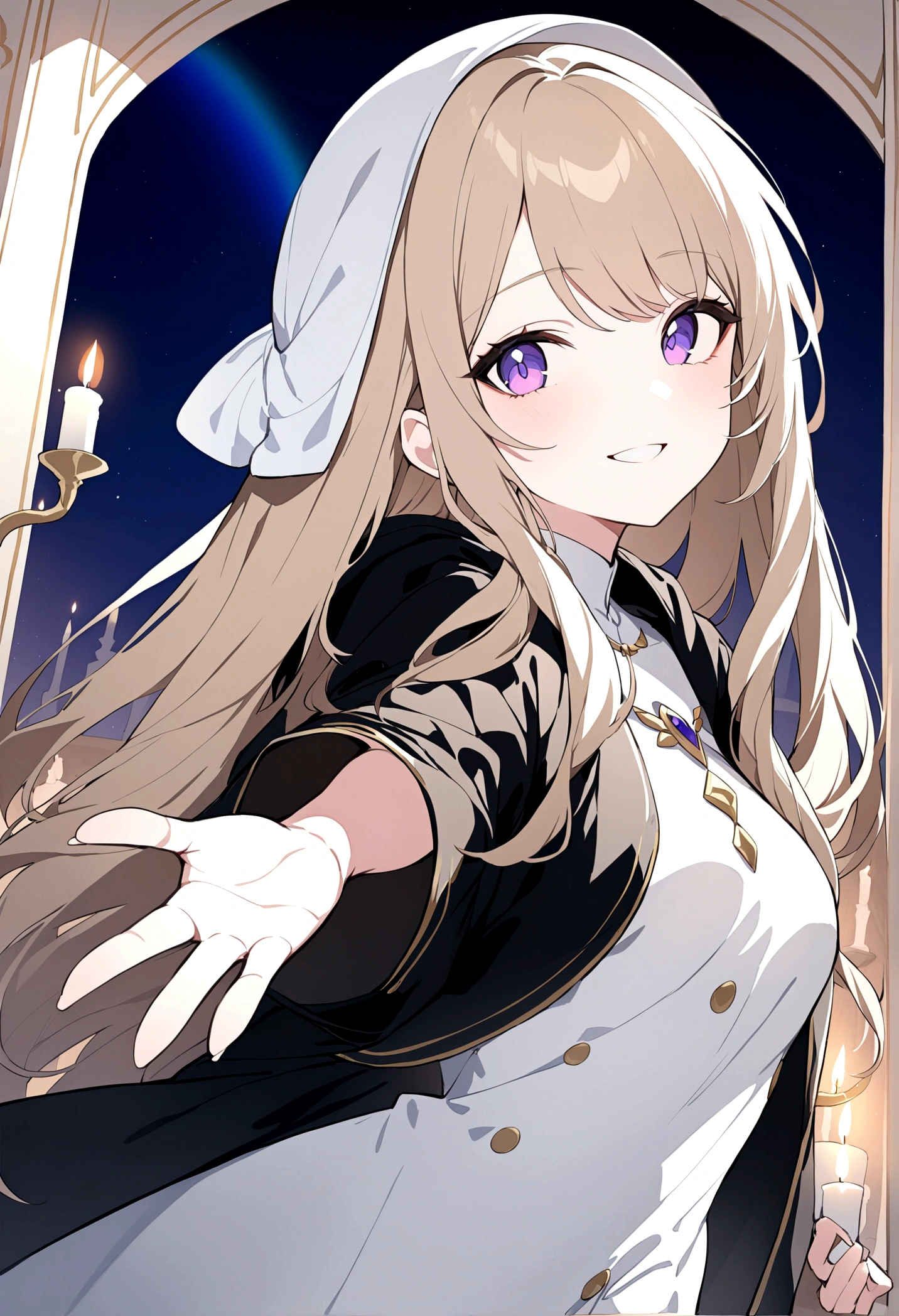 (masterpiece, 32k, 8k) a 17 year old girl, (looking at the sky with her hand stretched high), (character looking at the viewer), priestess coat, hood on her head, light brown hair, eyes colored like a rainbow iris, (beautiful and heavenly face, cheerful smile 1.5), (candlelit hall)