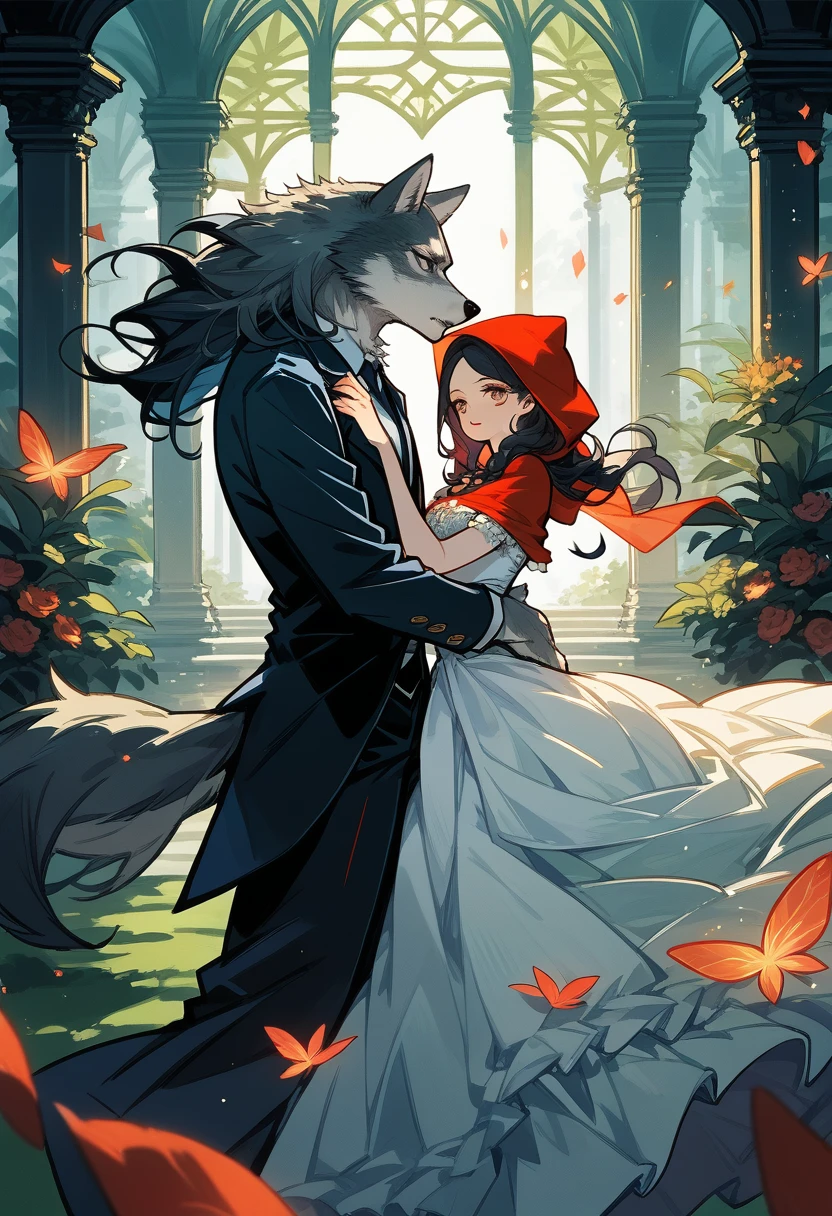 cover_page, Fairy tale wedding. Red Riding Hood, wolf man , elegant gown, hunter sharp suit, romantic, lavish decorations, ceremony, beauty and the beast,