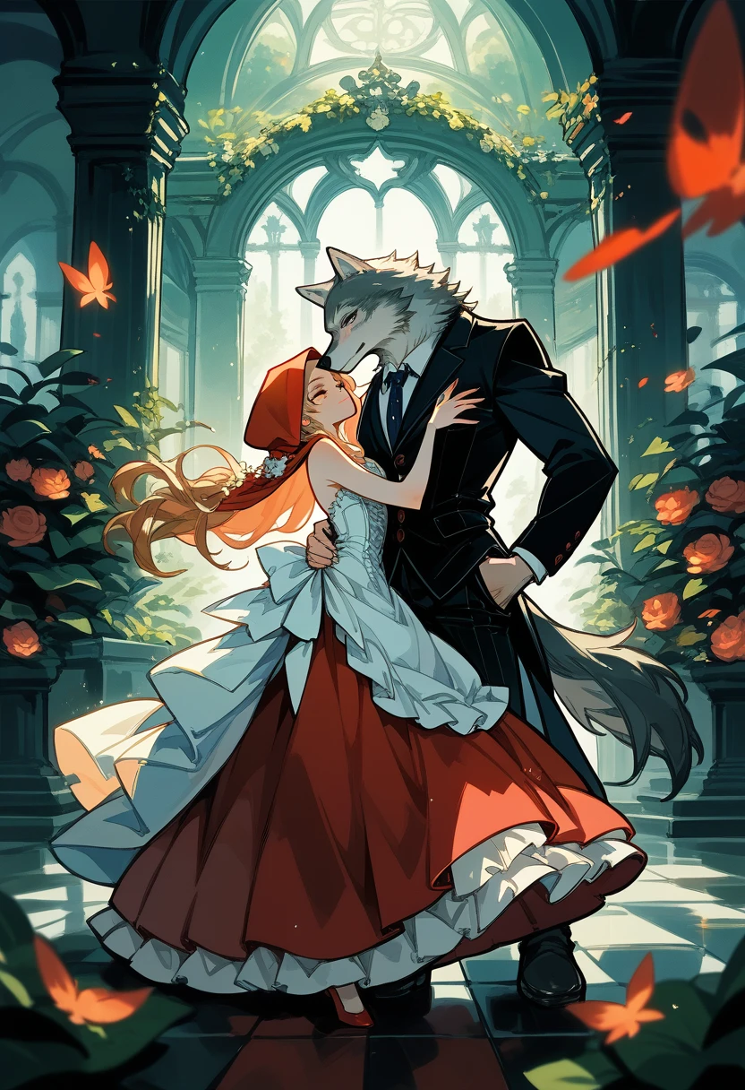 cover_page, Fairy tale wedding. Red Riding Hood, wolf man , elegant gown, hunter sharp suit, romantic, lavish decorations, ceremony, beauty and the beast, 