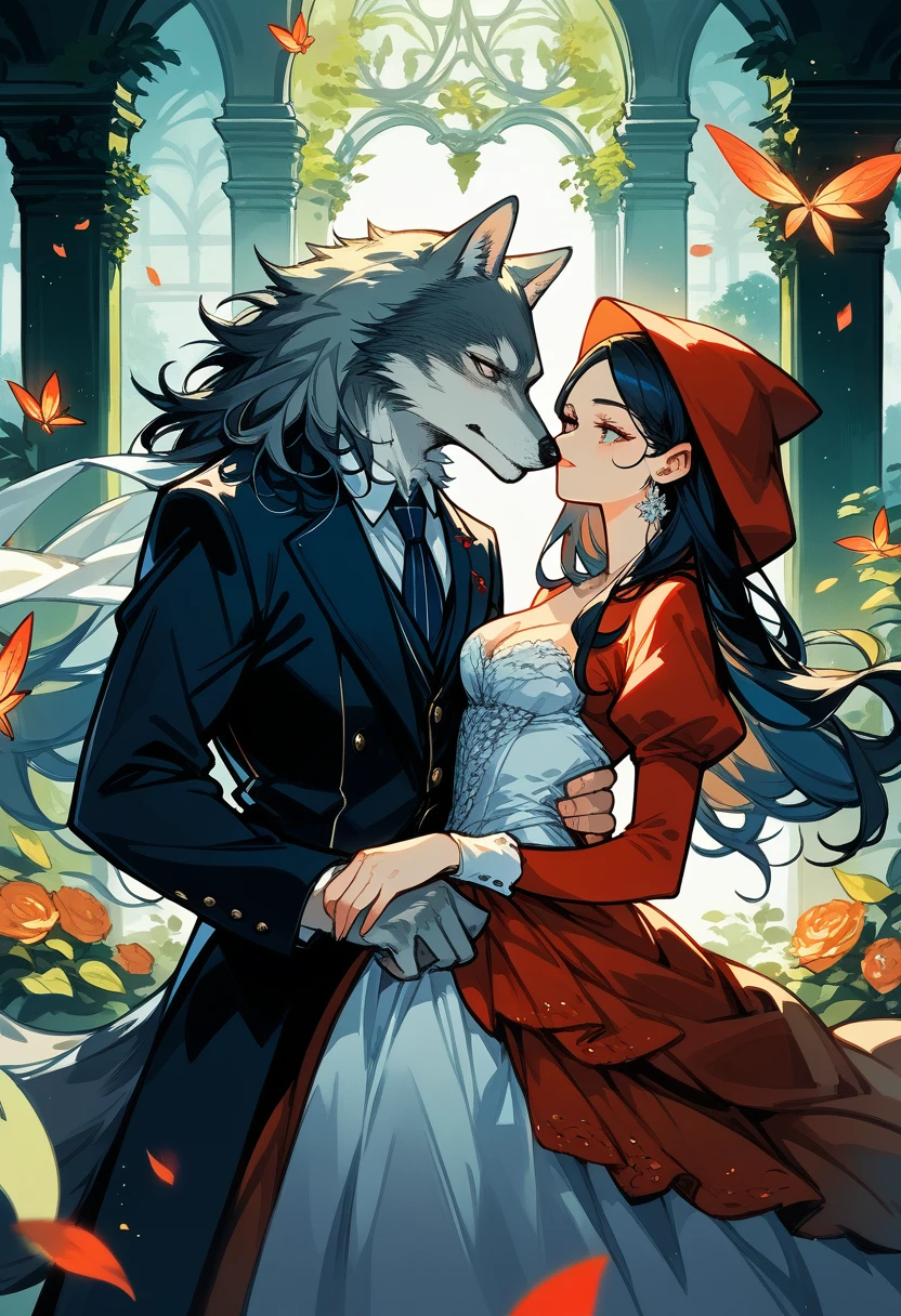 cover_page, Fairy tale wedding. Red Riding Hood, wolf man , elegant gown, hunter sharp suit, romantic, lavish decorations, ceremony, beauty and the beast, 