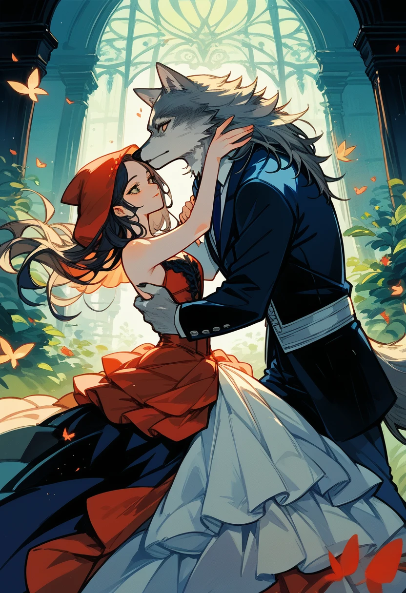 cover_page, Fairy tale wedding. Red Riding Hood, wolf man , elegant gown, hunter sharp suit, romantic, lavish decorations, ceremony, beauty and the beast, 