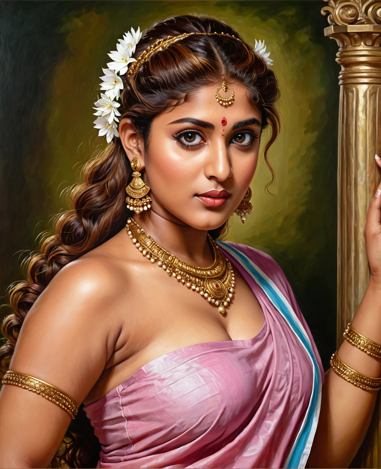 Looks like Nayanthara, exotic Indian art, oviyar maruthi style painting, Masterpiece, Beautiful Thick Woman, Best quality, high clarity eyes, critically flawless,sharp picture, Full portrait, High pixels, perfect face, perfect eyes, beautiful face, perfect hands,perfect fingers, in Peter Paul Rubens style, by Peter Paul Rubens, baroque style, acrylic on canvas, highly detailed, description: "Create a nymph inspired by the tales of Greek or Roman mythology, embodying the essence of a natural element or location, and possessing a unique ability or trait that sets her apart."