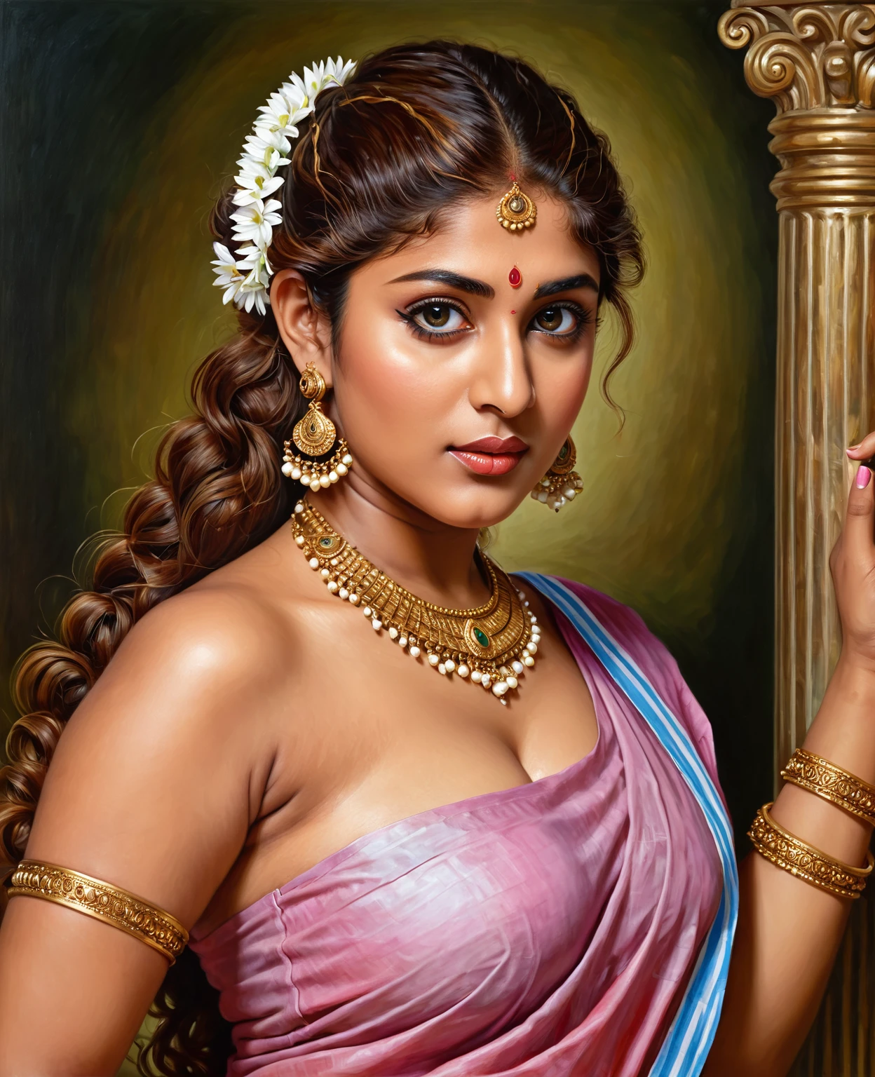 Looks like Nayanthara, exotic Indian art, oviyar maruthi style painting, Masterpiece, Beautiful Thick Woman, Best quality, high clarity eyes, critically flawless,sharp picture, Full portrait, High pixels, perfect face, perfect eyes, beautiful face, perfect hands,perfect fingers, in Peter Paul Rubens style, by Peter Paul Rubens, baroque style, acrylic on canvas, highly detailed, description: "Create a nymph inspired by the tales of Greek or Roman mythology, embodying the essence of a natural element or location, and possessing a unique ability or trait that sets her apart."