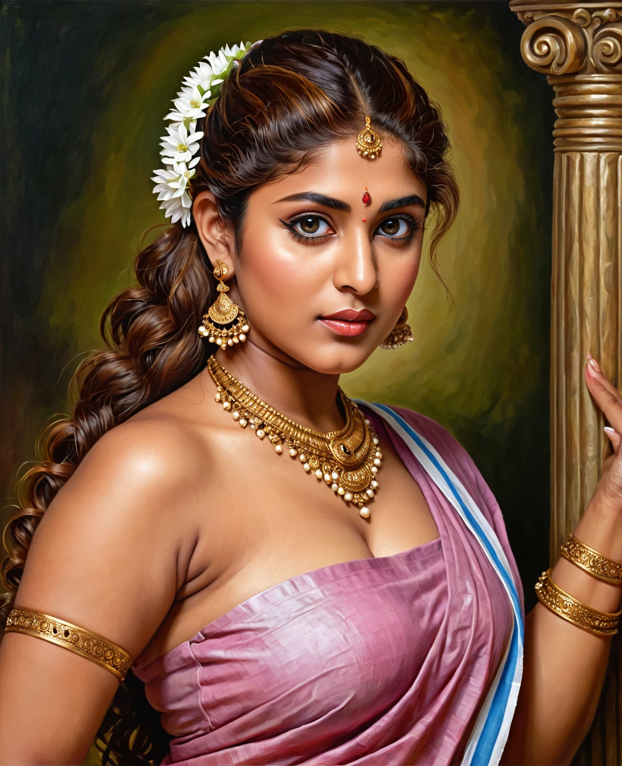 Looks like Nayanthara, exotic Indian art, oviyar maruthi style painting, Masterpiece, Beautiful Thick Woman, Best quality, high clarity eyes, critically flawless,sharp picture, Full portrait, High pixels, perfect face, perfect eyes, beautiful face, perfect hands,perfect fingers, in Peter Paul Rubens style, by Peter Paul Rubens, baroque style, acrylic on canvas, highly detailed, description: "Create a nymph inspired by the tales of Greek or Roman mythology, embodying the essence of a natural element or location, and possessing a unique ability or trait that sets her apart."