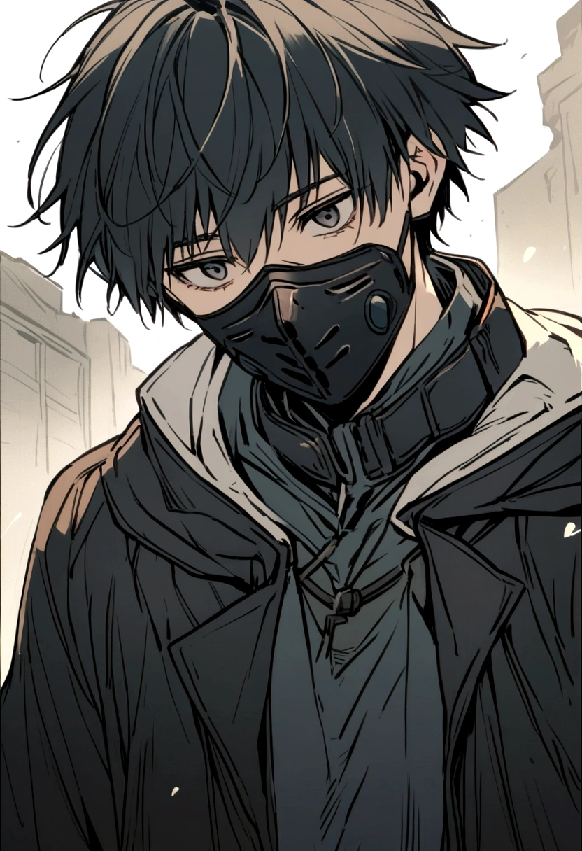 Kaneki Ken is a pale-skinned young man.。.
her hair is black、Has a distinct white stripe on the front.
He wears a black leather mask to protect himself from the poisonous elements of this post-apocalyptic world。.
His clothes are dark and tattered., Adapting to the difficult life he leads.