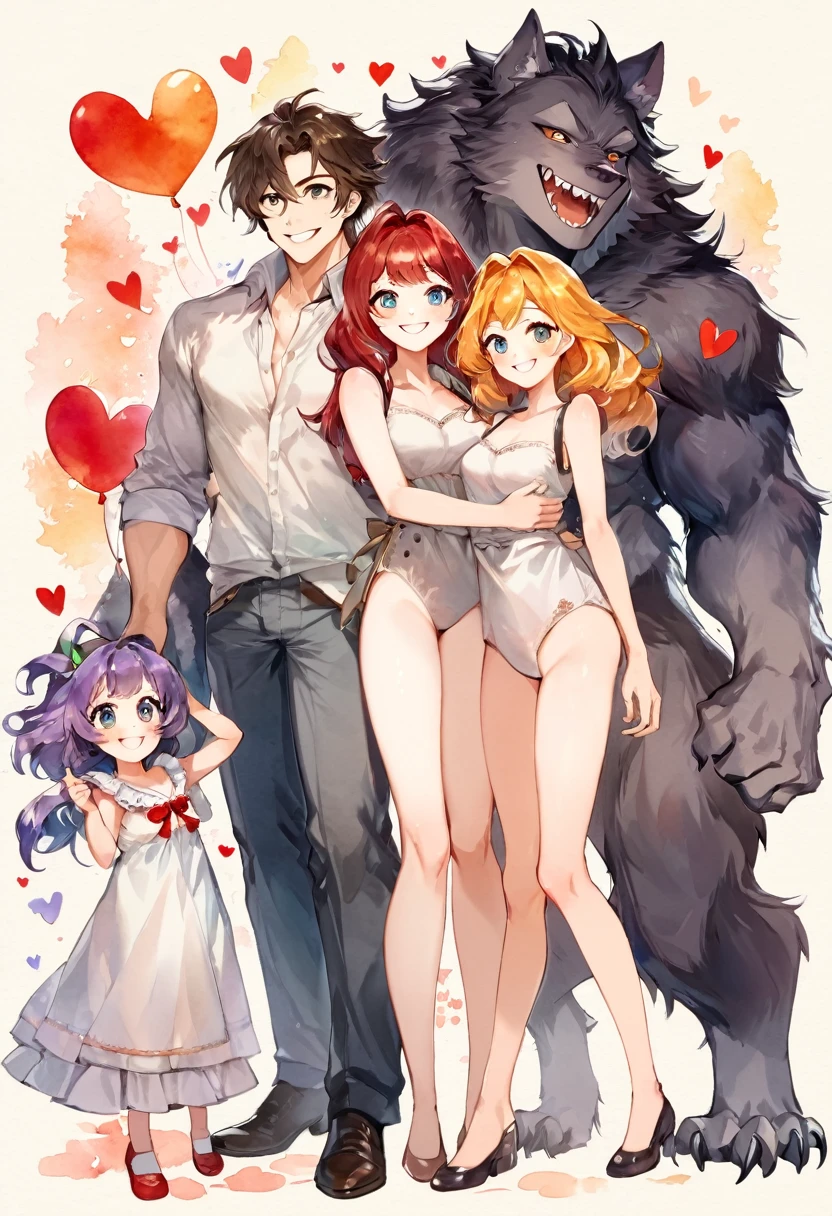 cover page, highres, top quality, best quality, paid reward available, unparalleled masterpiece, perfect artwork, absurdres, High-quality illustrations, watercolor, soft color, Vintage images, highres, unparalleled masterpiece, absurdres, love story of human girl and giant Werewolf, love romance, family photograph, pair, Height difference, Physical difference, perfect anatomy, smile, joyful, play with, smile, happy, watercolor,
