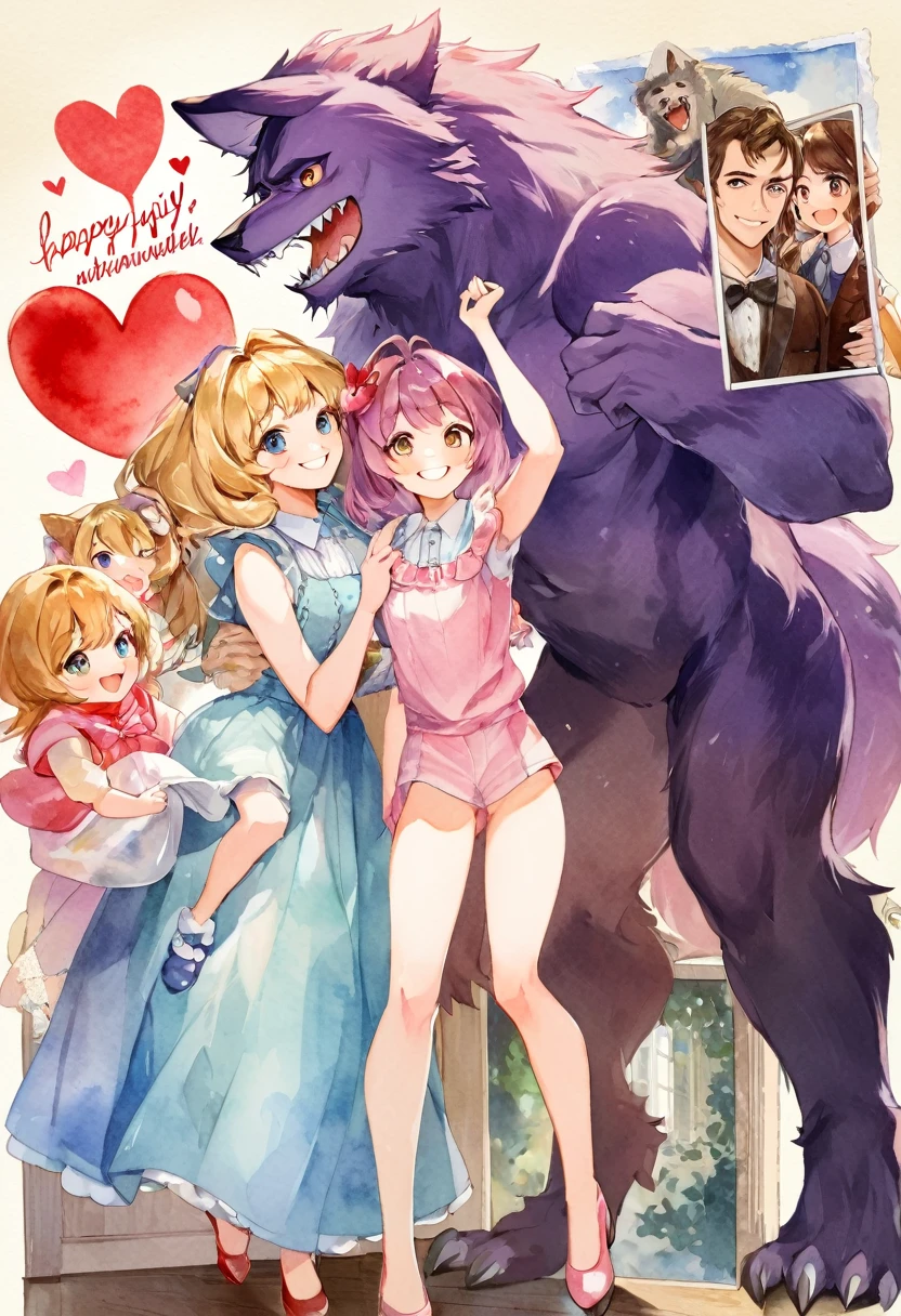 cover page, highres, top quality, best quality, paid reward available, unparalleled masterpiece, perfect artwork, absurdres, High-quality illustrations, watercolor, soft color, Vintage images, highres, unparalleled masterpiece, absurdres, love story of human girl and giant Werewolf, love romance, family photograph, pair, Height difference, Physical difference, perfect anatomy, smile, joyful, play with, smile, happy, watercolor,