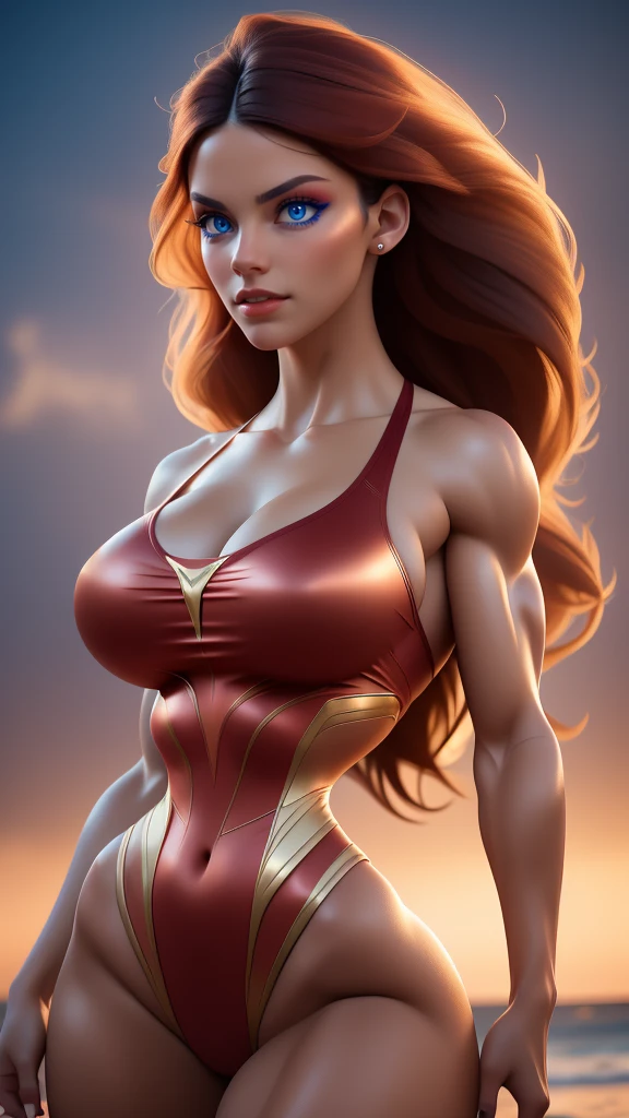 a beautiful woman in a swimsuit, dynamic superheroine, full body, highly detailed facial features, piercing eyes, long eyelashes, full lips, sharp nose, mesmerizing expression, graceful pose, muscular toned body, flowing hair, intricate swimsuit design, radiant red glowing skin, dramatic lighting, cinematic atmosphere, vibrant colors, photorealistic, 8k, best quality, masterpiece