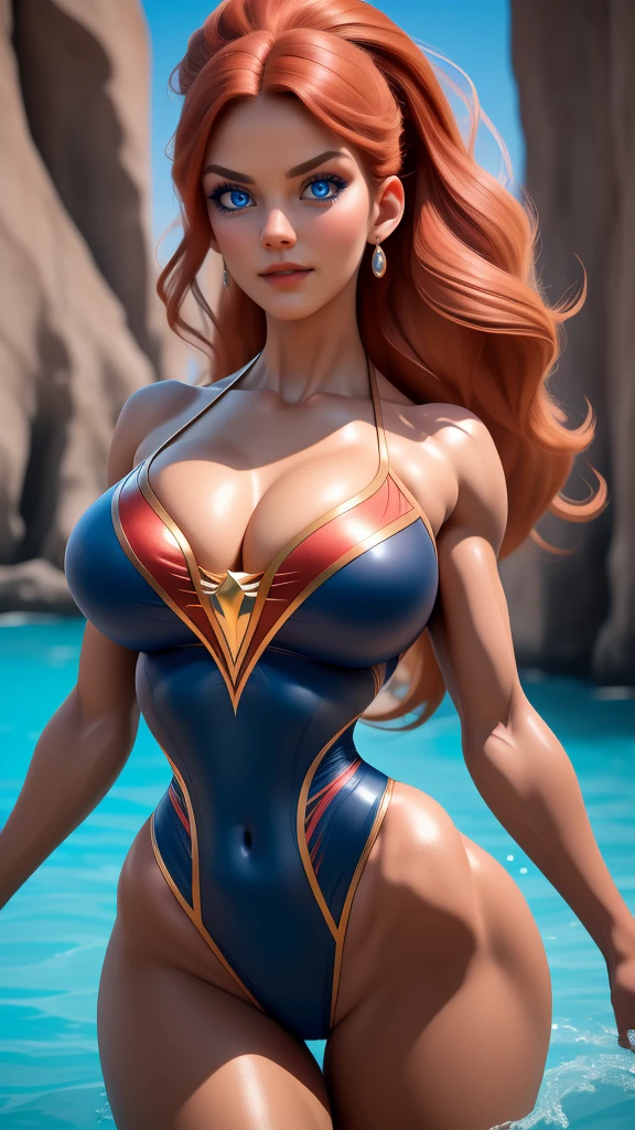 a beautiful woman in a swimsuit, dynamic superheroine, full body, highly detailed facial features, piercing eyes, long eyelashes, full lips, sharp nose, mesmerizing expression, graceful pose, muscular toned body, flowing hair, intricate swimsuit design, radiant red glowing skin, dramatic lighting, cinematic atmosphere, vibrant colors, photorealistic, 8k, best quality, masterpiece