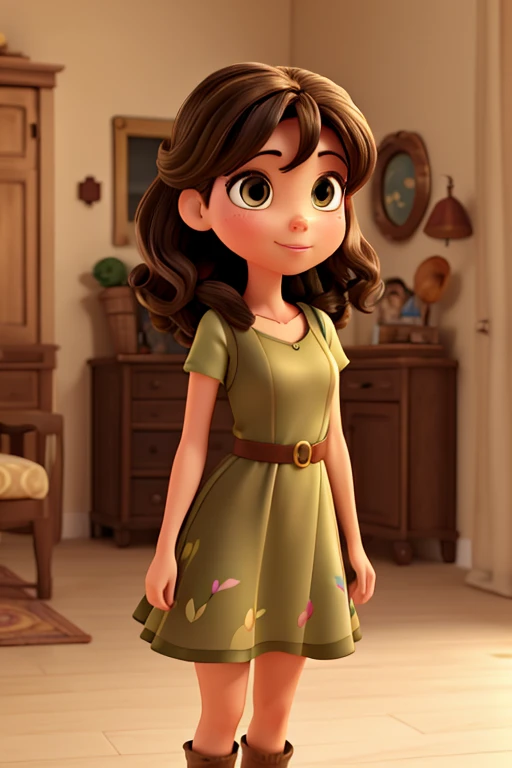 Olive toned skin, woman, pixar, 3d cartoon, brunette hair, wearing a dress,