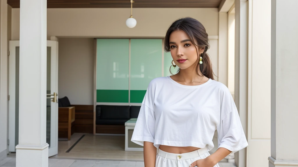 Pose and Outfit: A stylish young woman standing confidently in front of a modern boutique. She wears a white oversized t-shirt tucked slightly into a high-waisted black mini skirt with a front slit. Her ensemble is completed with green sneakers featuring white stripes, white socks, and a green baseball cap. She accessorizes with large hoop earrings, multiple rings, and a white handbag slung over her shoulder. She smiles subtly, exuding casual elegance.
Background: The background showcases a chic urban setting with white pillars and large glass doors of a boutique, emphasizing the fashionable ambiance. The scene is well-lit with natural sunlight, enhancing the vibrancy of the outfit and surroundings.
Camera Specifications:
Camera: Phase One XF IQ4 150MP Camera System
Lens: Schneider Kreuznach 80mm LS f/2.8
Resolution: 300dpi
Shutter Speed: 1/250s
Aperture: f/8
ISO: 100
Lighting: Bright afternoon sun with soft shadows to maintain a natural look.
Style: High standard quality, ultra-high definition, crisp and clear details.