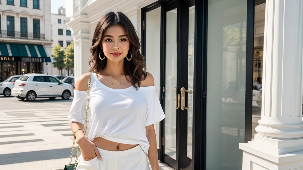 Pose and Outfit: A stylish young woman standing confidently in front of a modern boutique. She wears a white oversized t-shirt tucked slightly into a high-waisted black mini skirt with a front slit. Her ensemble is completed with green sneakers featuring white stripes, white socks, and a green baseball cap. She accessorizes with large hoop earrings, multiple rings, and a white handbag slung over her shoulder. She smiles subtly, exuding casual elegance.

Background: The background showcases a chic urban setting with white pillars and large glass doors of a boutique, emphasizing the fashionable ambiance. The scene is well-lit with natural sunlight, enhancing the vibrancy of the outfit and surroundings.

Camera Specifications:

Camera: Phase One XF IQ4 150MP Camera System
Lens: Schneider Kreuznach 80mm LS f/2.8
Resolution: 300dpi
Shutter Speed: 1/250s
Aperture: f/8
ISO: 100
Lighting: Bright afternoon sun with soft shadows to maintain a natural look.
Style: High standard quality, ultra-high definition, crisp and clear details.
