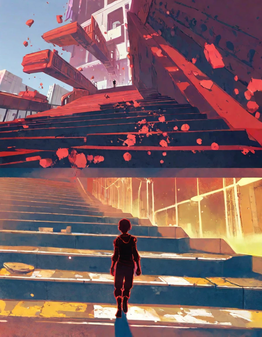 score_9, score_8_up, score_7_up, score_6_up, best aesthetic, Arcane, a person walking down a stairway, long shot, concept art, city in background, great use of color theory, red and yellow colors, particles flying, sunny
