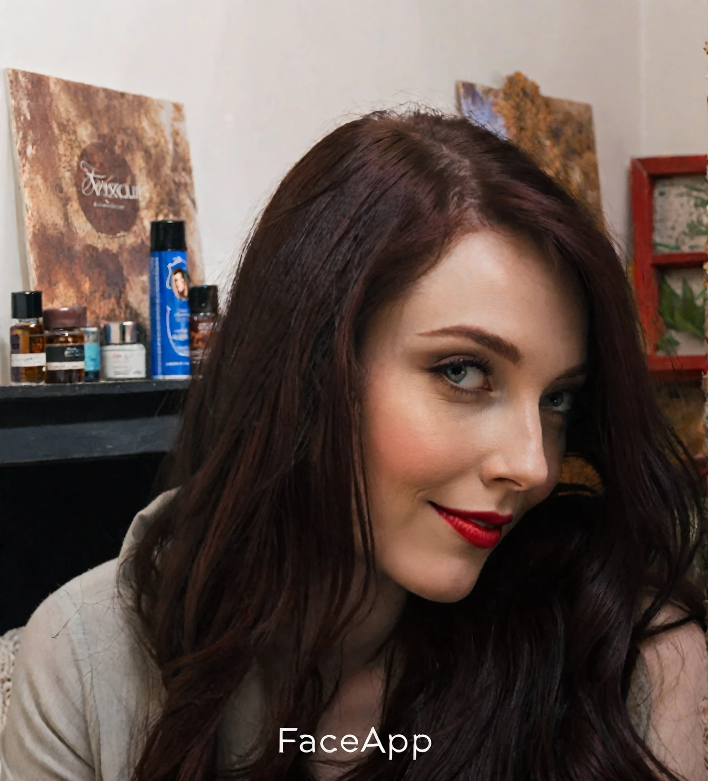 arafed woman with long dark hair and red hair, with pale skin, soft smile, profile image, looking to the side off camera, high quality portrait, pale skin and dark eyes, color portrait, looking to the side, portrait image, sultry look, anastasia ovchinnikova, inspired by Jessie Alexandra Dick, headshot profile picture, tiffany dover
