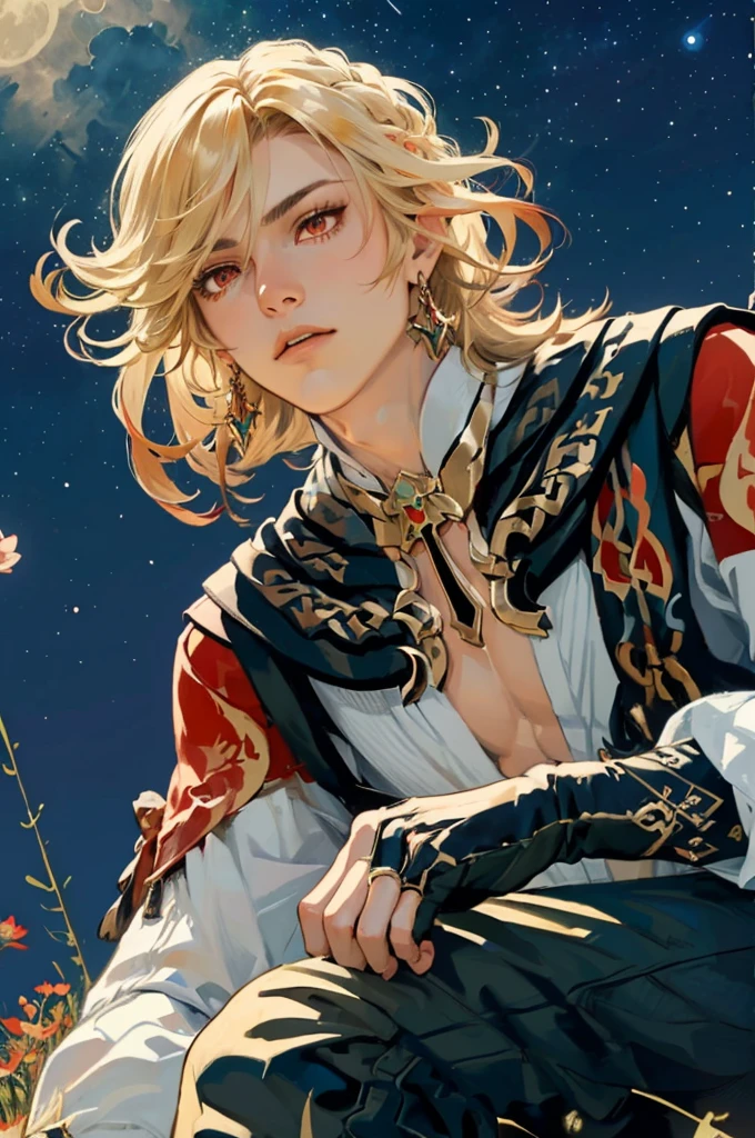 1 adult male solo, blond hair, red eyes, kaveh genshin impact, white top, red and black embroidered details, golden accessories, dark pants, fingerless gloves, feather hair ornament, shiny eyes (​masterpiece),((top-quality)),(offcial art),(Beautiful and indulgent:1.2),(1manin:1.3),Detailed drawing。Vibrant colors。colourfull、highestdetailed ((ultra-detailliert)),(Highly detailed 2D illustrations),((Extremely delicate and beautiful))Super Detail,atmosphric perspective，dust particle, iridescent, glowing, surrounded by dark red lily flowers, (((on a flower field at night, many flowers around, night sky stars and moon)))