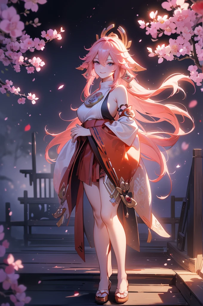 ((yae miko)):1.5,((masterpiece,Highest quality,Highly detailed images,Beautiful images)).(Image of Yae Miko smiling in front of a large cherry tree、shrine、Overall dim lighting、Backlight、Fantastic dark atmosphere、Thick Fog、Dust flutters)1.3,(Full body image of Yae Miko)1.2