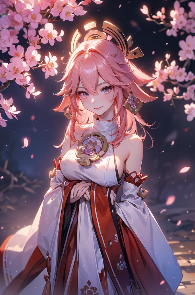 ((yae miko)):1.5,((masterpiece,Highest quality,Highly detailed images,Beautiful images)).(Image of Yae Miko smiling in front of a large cherry tree、shrine、Overall dim lighting、Backlight、Fantastic dark atmosphere、Thick Fog、Dust flutters)1.3,(Full body image of Yae Miko)1.2