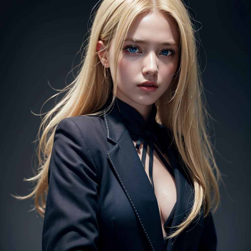 Best quality, masterpiece, ultra high res, (photorealistic:1.4), raw photo, 1girl, blonde hair, blue eyes, detailed eyes and face, black suit, dynamic lighting, in the dark, deep shadow, low key, cowboy shot full-lenght body