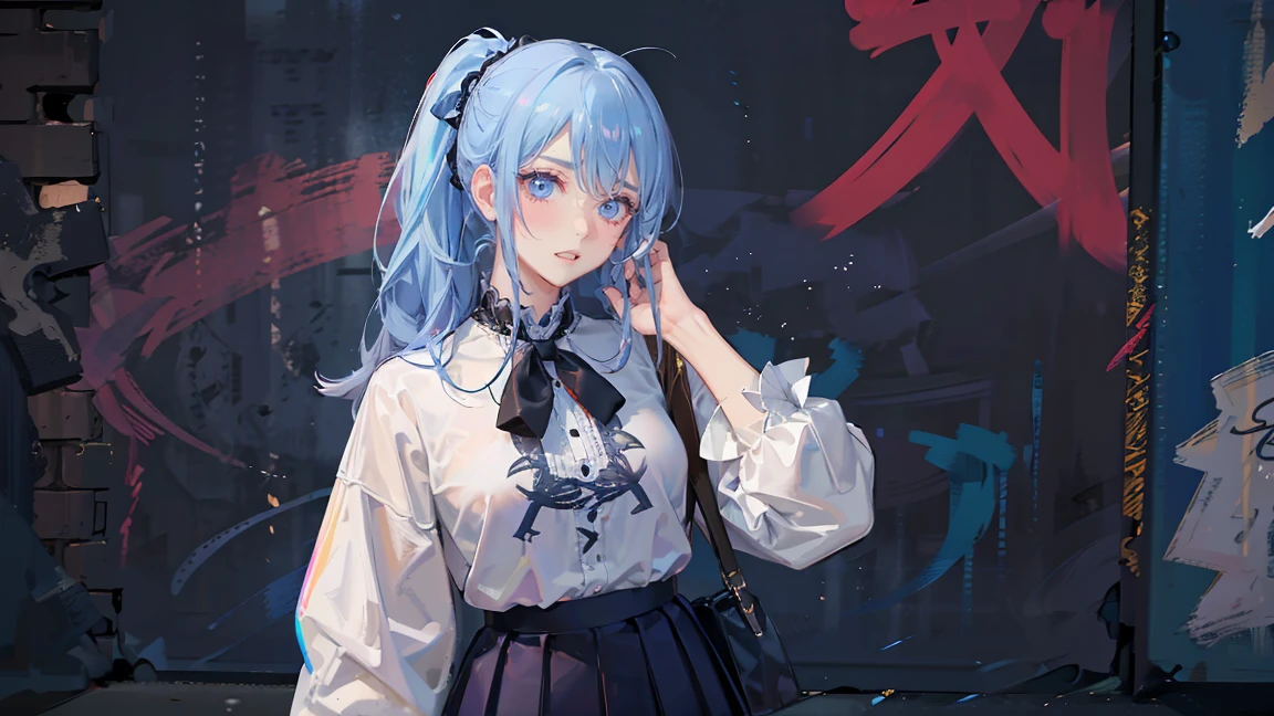 pretty anime girl, 16k quality, masterpiece, ((hyper detail background, delicate pattern, intricate detail)), best quality, intricate detail, chromatic aberration, 1 girl, splashed paint, blue-gray color hair, messy hair, ponytail hairstyle, ruddy blue highlights, ruddy blue eyes, sharp eyes, extremely detailed face, extremely detailed eyes and face, beautiful detail eyes, chokes, bar house, graffiti, dim lights, alley, oversize shirt, paint on shirt, red line shirt, black medium skirt, masterpiece, best quality, extremely detail shadow quality, advance for background and shadows quality, all body, wear a glass, colorful, all body.
