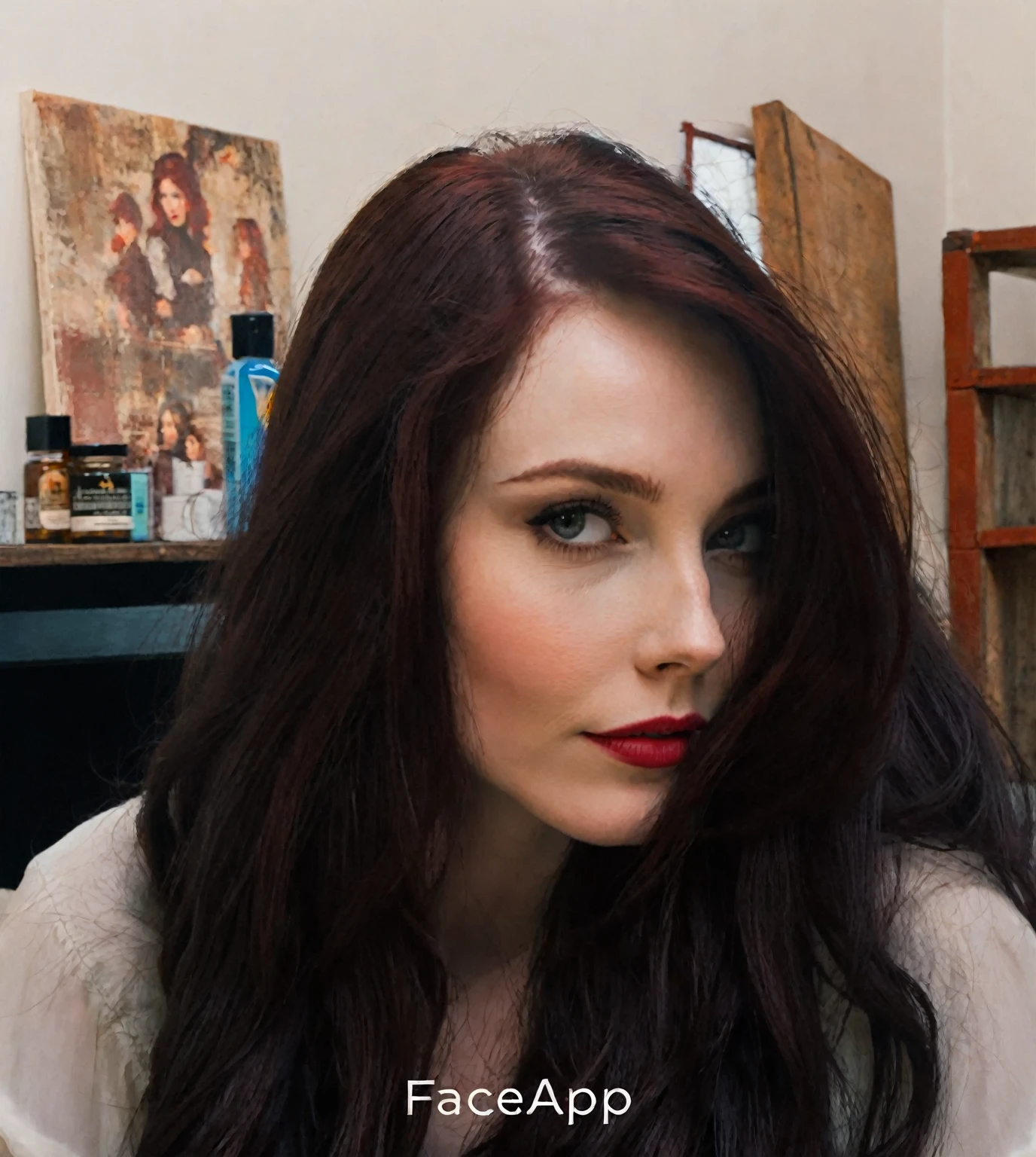 arafed woman with long dark hair and red hair, with pale skin, soft smile, profile image, looking to the side off camera, high quality portrait, pale skin and dark eyes, color portrait, looking to the side, portrait image, sultry look, anastasia ovchinnikova, inspired by Jessie Alexandra Dick, headshot profile picture, tiffany dover