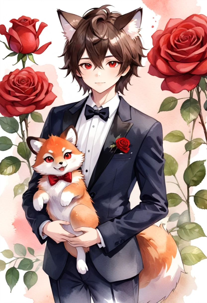 Watercolor elements, 1boy, kemono, furry, detailed body fur, animal face, animal hand, Handsome boy in tuxedo holding a red rose and looking at viewer,