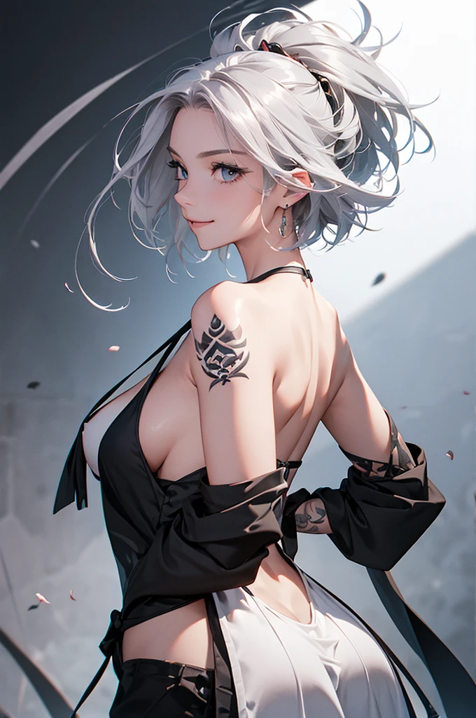 Avant-garde art(Image from chest up:1.4)((masterpiece:1.5,Highest quality,Beautiful images、Realistic、3d、Artistic))(1girl, 独奏)(medium breasts, Silver Hair、short hair、Beautiful cleavage、sideboob、Exposing shoulders、Tattoo on shoulder)(Profile portrait,Gaze sideways、Gaze diagonally、Shake your head、Smile, floating hair)(Monotone Abstract Background)((from backside:1.3))((Monotone costumes))
