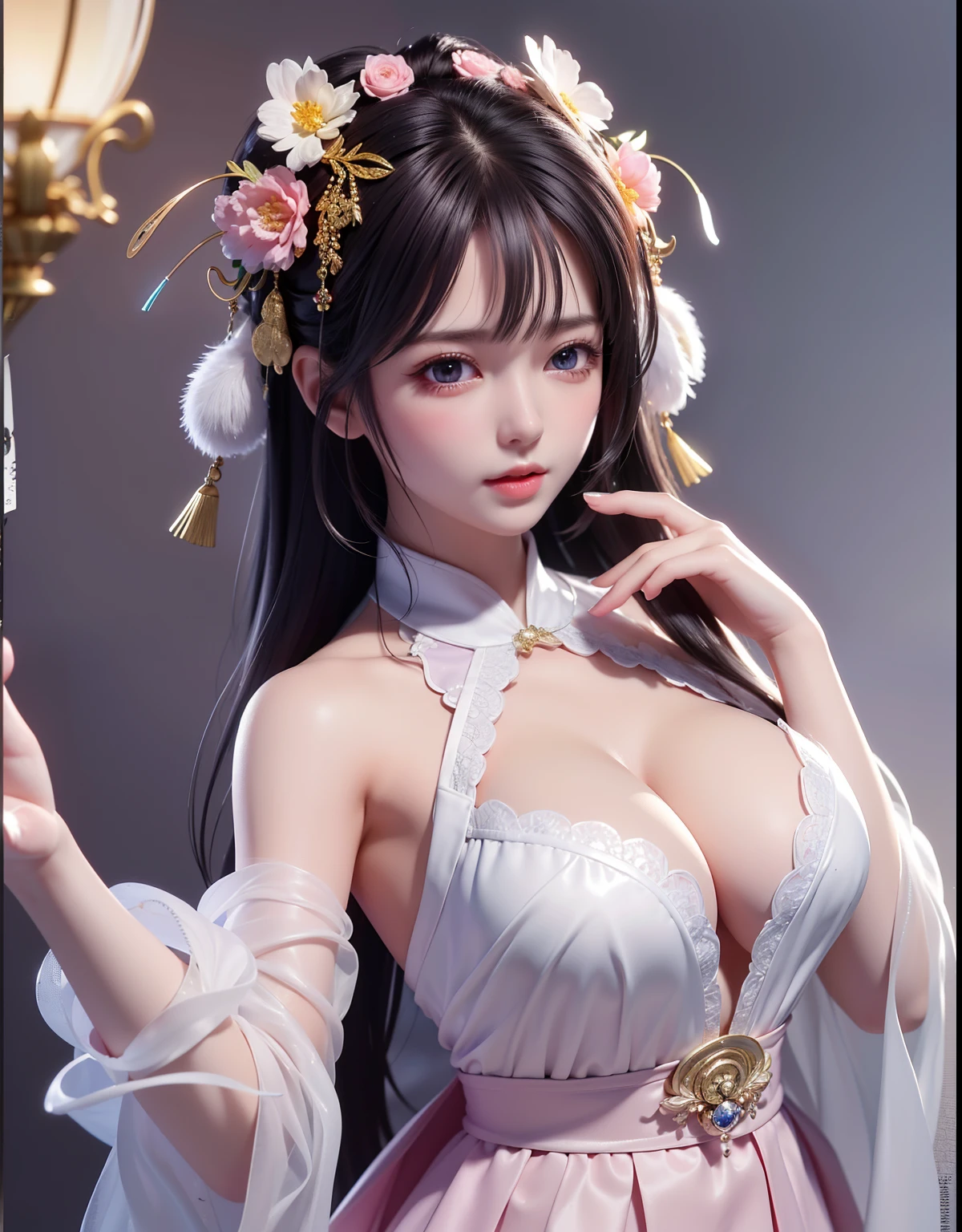 (8k, RAW photo:1.2), best quality, ultra high res,dramatic angle,(fluttered detailed color splashs), (illustration),(((1 girl))),(long hair),(rain:0.9), (Headdress:1.4),There is an ancient palace beside the girl,Hanfu,(Key Points),Color ink painting,(Splash of Color),Splash of Color,(((colorful))),(sketch:0.8) , Masterpiece, best quality, beautiful painted, highly detailed,(denoising:0.6),[splash ink],((ink refraction)), (beautiful detailed sky),moon,highly,detaild,(masterpiece, best quality, extremely detailed） CG Unity 8k Wallpaper，masterpiece，best quality，Ultra Detailed），（Lycoris）.shoulder ballet dress open V-chested clothes Thin silk lace dress short skirt , (huge ，cleavage),, white pink, blue ，best qualtiy，tmasterpiece，Ultra-high resolution，（Reality：1.4），RAW photogr，（True skin texture：1.3），（filmgrain：1.3），（Selfie angle），1个Giant Breast Girl，Beautiful eye and face details，tmasterpiece，Best quality at best，，The chest more exposed， detailed hair, bra pink , detail 8k, full body, lace petticoat, fan handle