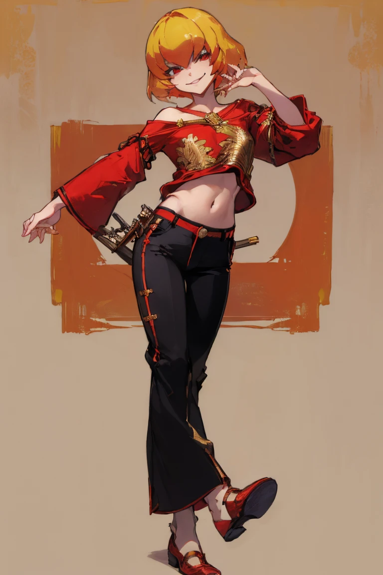 ((Highest quality)), ((masterpiece)), (be familiar with),Clementine,Overload,nsfw,Red Shirt,No sleeve,Gold embroidery,shoes,Fascinating,Black pants,Bewitching Smile,whole body