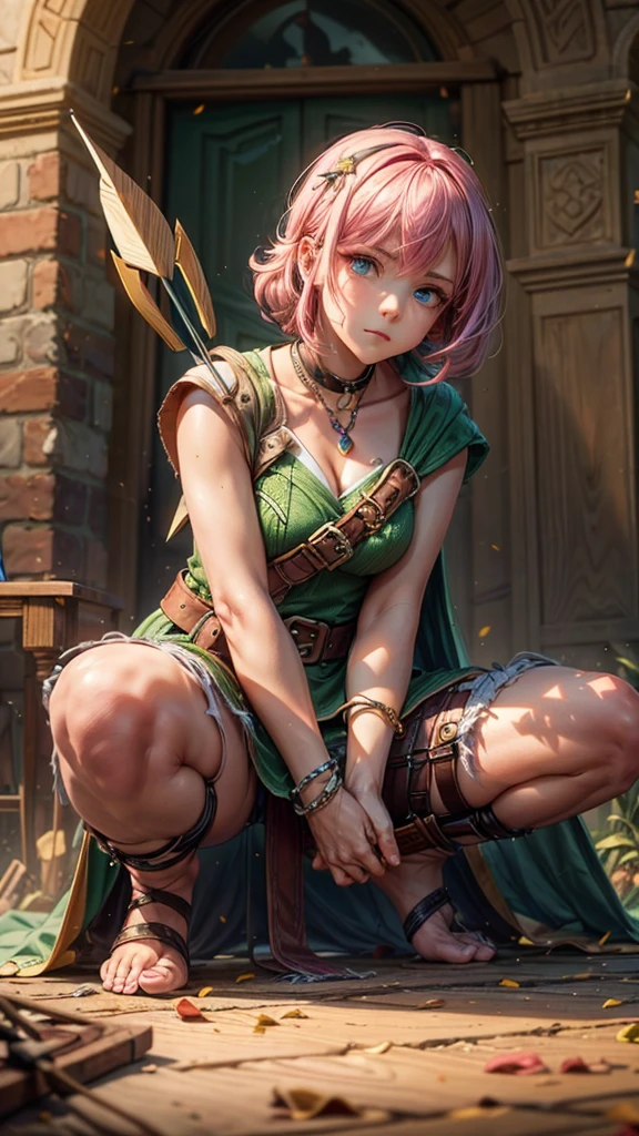a girl with pink hair in bangs, square cut, determined facial expression, big blue eyes, arrow holder on her back, wearing a green short sleeveless dress, green cape, bare feet, big leather belt, arrows on the ground, bow pose on the floor, sitting on the floor, looking at the camera, highly realistic, Clash Royale character, best quality, best lighting, dynamic point of view