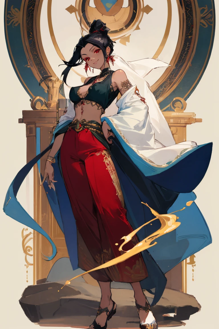 ((Highest quality)), ((masterpiece)), (be familiar with),One female,Black Hair,Red eyes,Dark green shirt,No sleeve,Gold embroidery,shoes,Fascinating,Blue pants,Chest tattoo, Bewitching Smile,Black Hair,Hair tied around the neck,White shawl,Erect nipples,(whole body),Slanted Eyes
