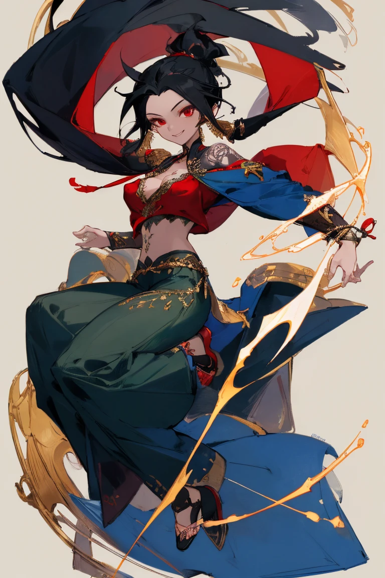 ((Highest quality)), ((masterpiece)), (be familiar with),One female,Black Hair,Red eyes,Dark green shirt,No sleeve,Gold embroidery,shoes,Fascinating,Blue pants,Chest tattoo, Bewitching Smile,Black Hair,Hair tied around the neck,White shawl,Erect nipples,(whole body),Slanted Eyes