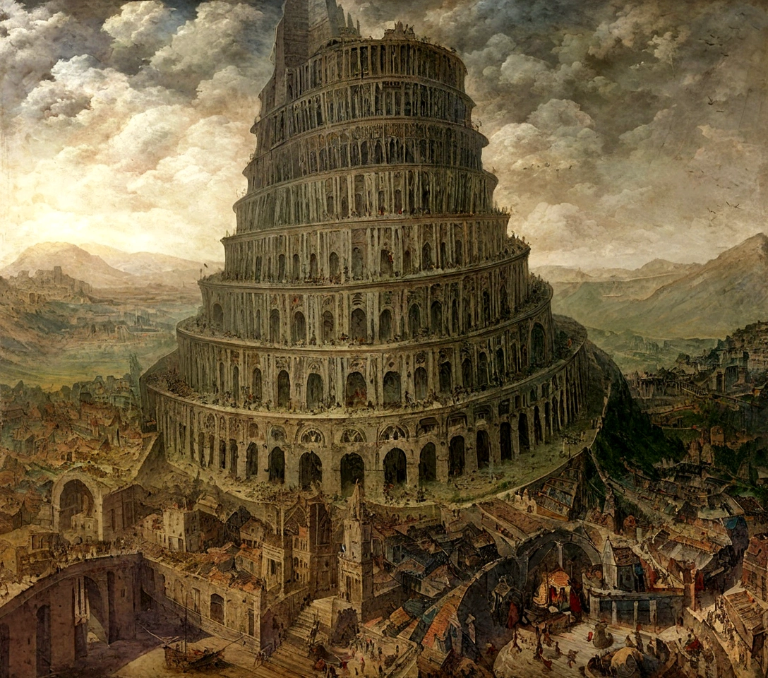 a contemporary art painting from the middle ages Create a high definition image, with a story on the theme "tower of babel"... from the historical book Bible, use the smallest details of the story! high angle, almost touching the clouds in the sky, with rich details