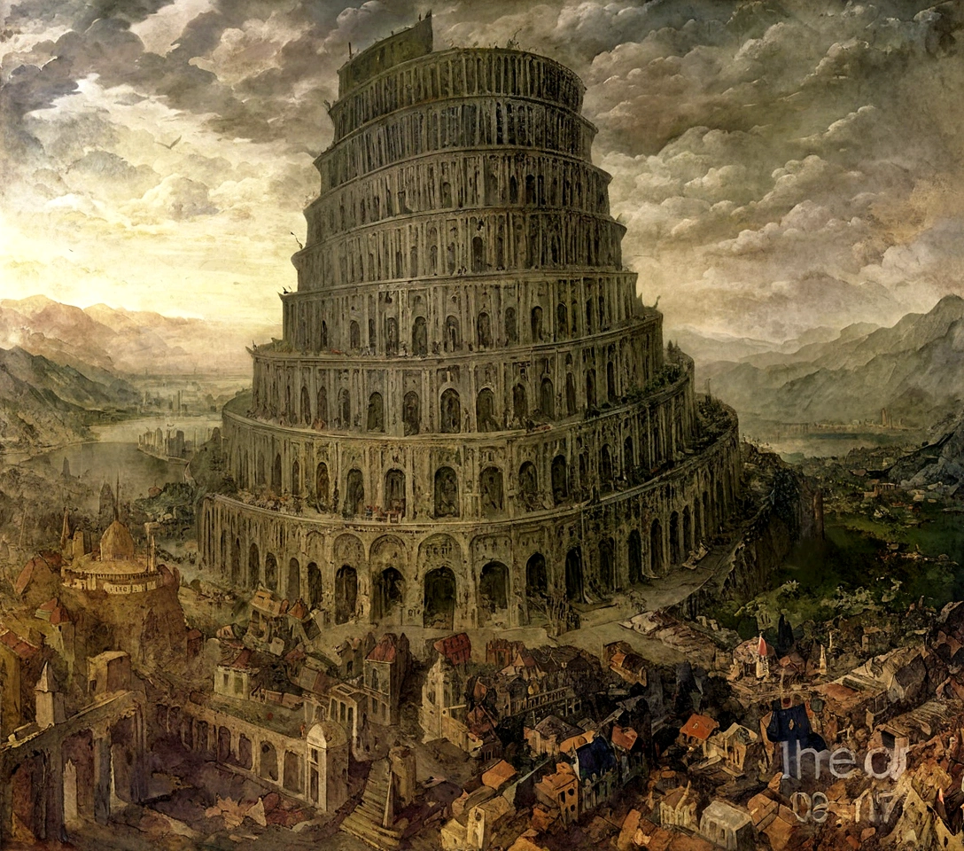 a contemporary art painting from the middle ages Create a high definition image, with a story on the theme "tower of babel"... from the historical book Bible, use the smallest details of the story! high angle, almost touching the clouds in the sky, with rich details