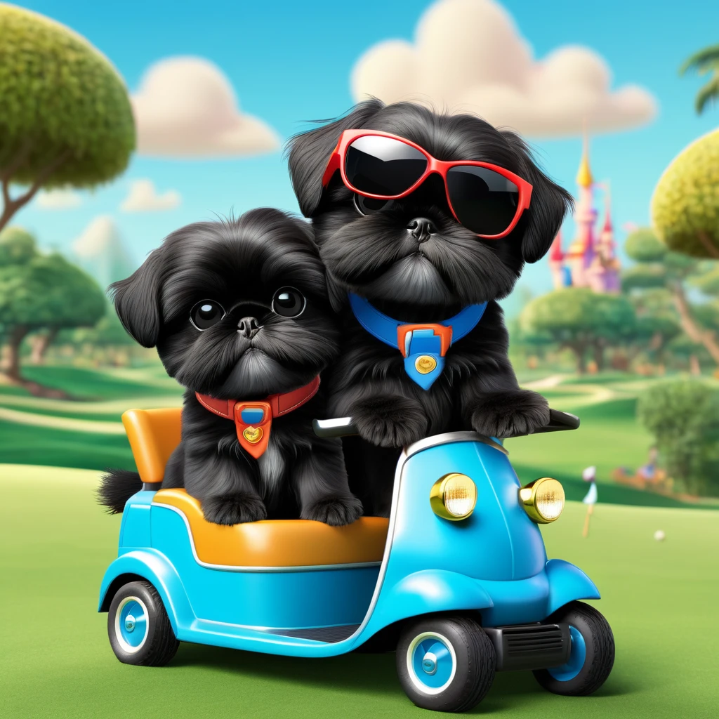 2 Adorable small black Shih Tzu puppies wearing sunglasses crash golf cart Disney background 3d cartoon 3d render disney pixar style