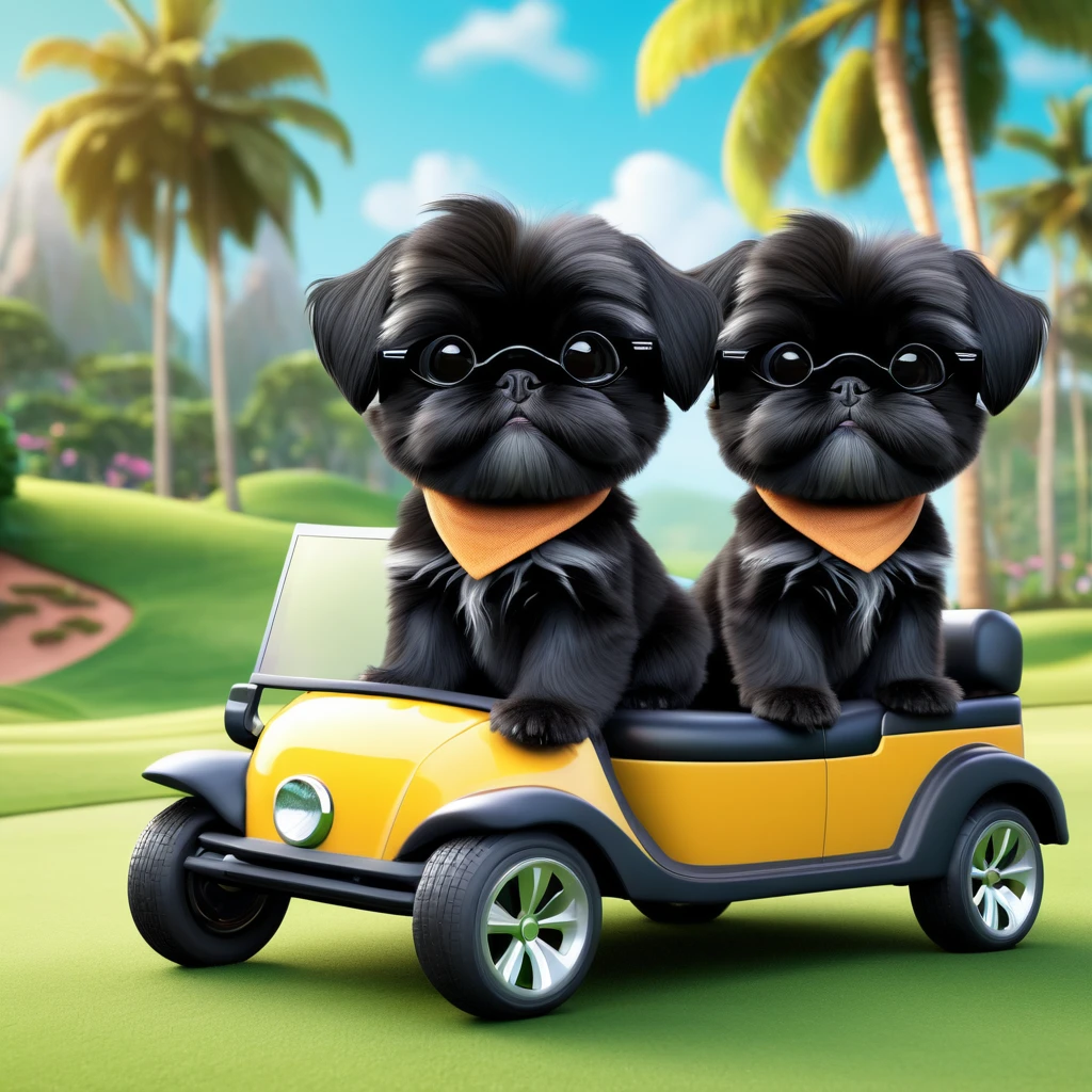 2 Adorable small black Shih Tzu puppies wearing sunglasses crash golf cart Disney background 3d cartoon 3d render disney pixar style