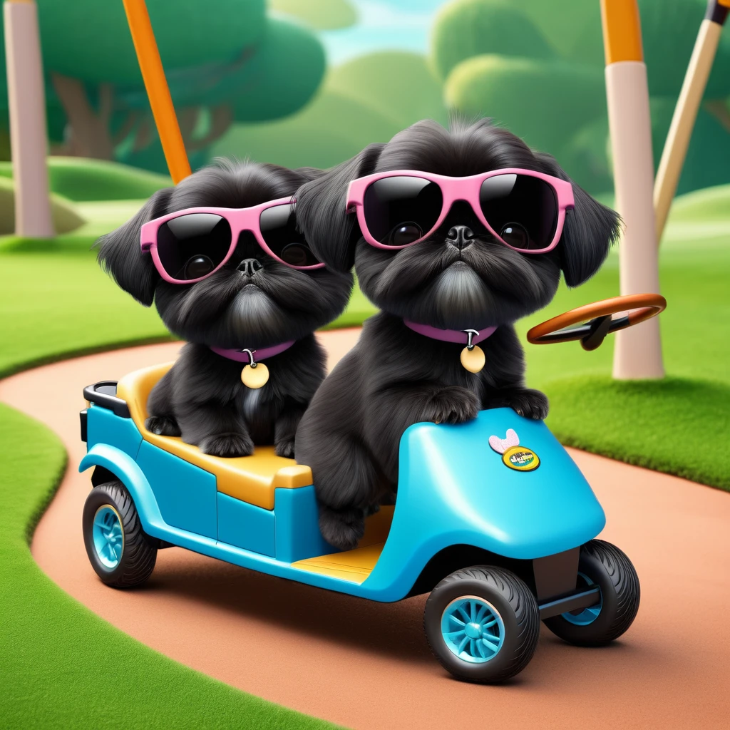 2 Adorable small black Shih Tzu puppies wearing sunglasses crash golf cart Disney background 3d cartoon 3d render disney pixar style