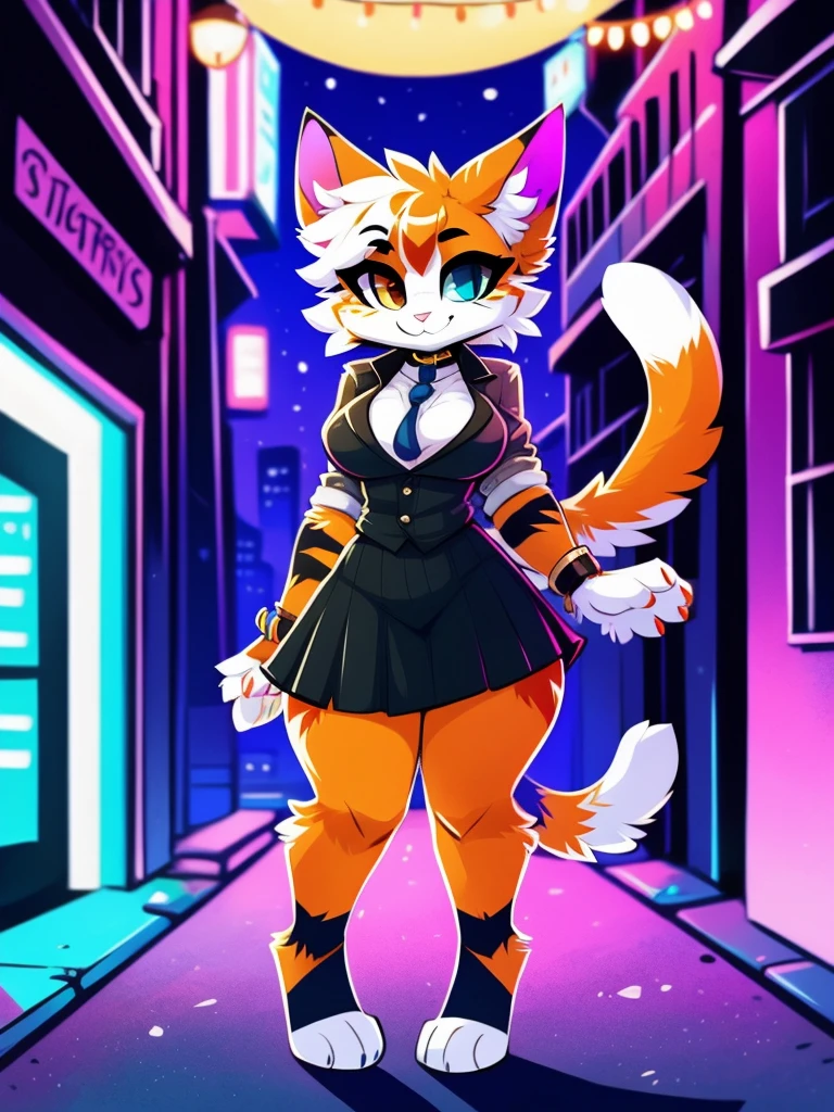 by Kilinah, de Coffeesoda, by hioshiru, by Kilinah, uploaded e621, appealing and detailed portrait of a woman (((female))) anthro cat boy, Zenemic Lighting, seducer, bl, cat boy, thick-thighs, large breasted, all-body, appealing, Messy hair, chestnut hair, eye white, thick, standing alone, standing, long hair, 2 tone hair ((orange | black)), cat boy ears,  tabas, tabas, thick-thighs, Calico cat boy, heterochromia ((putridity | blue)), moletom black, black skirt, dark alley, he finished, moletom detalhado, peitos enormes, coxas grossas, coleira de cachorro 