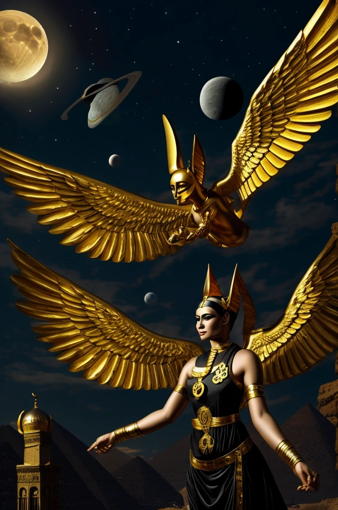 Egypt, gold, wings, animals, Sphinx, scull, night, planets, moon, Sea, nurse, claws, horror, darkness, gods