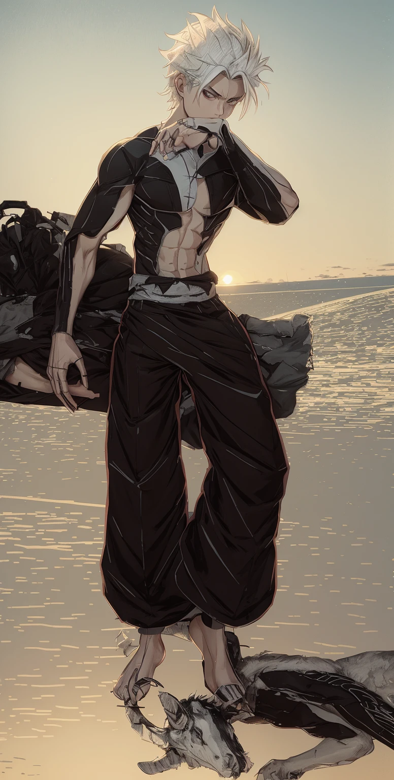 boy, Christian, white hair, wounded and scratched body, completely torn clothes, the boy would be stepping on a demon in the shape of a goat