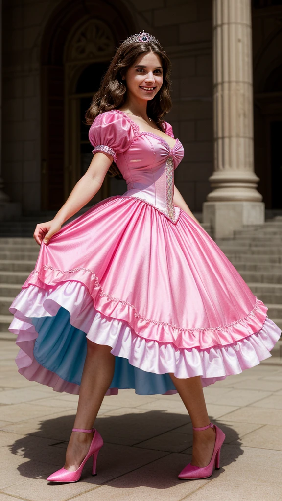 Make a woman wearing a cinderella hot pink princess dress,The woman is brunette, tem 22 anos, usa uma coroa, Palace environment,big breast, hoop skirt, smiling, high heels, 4k, detailded photo, full body