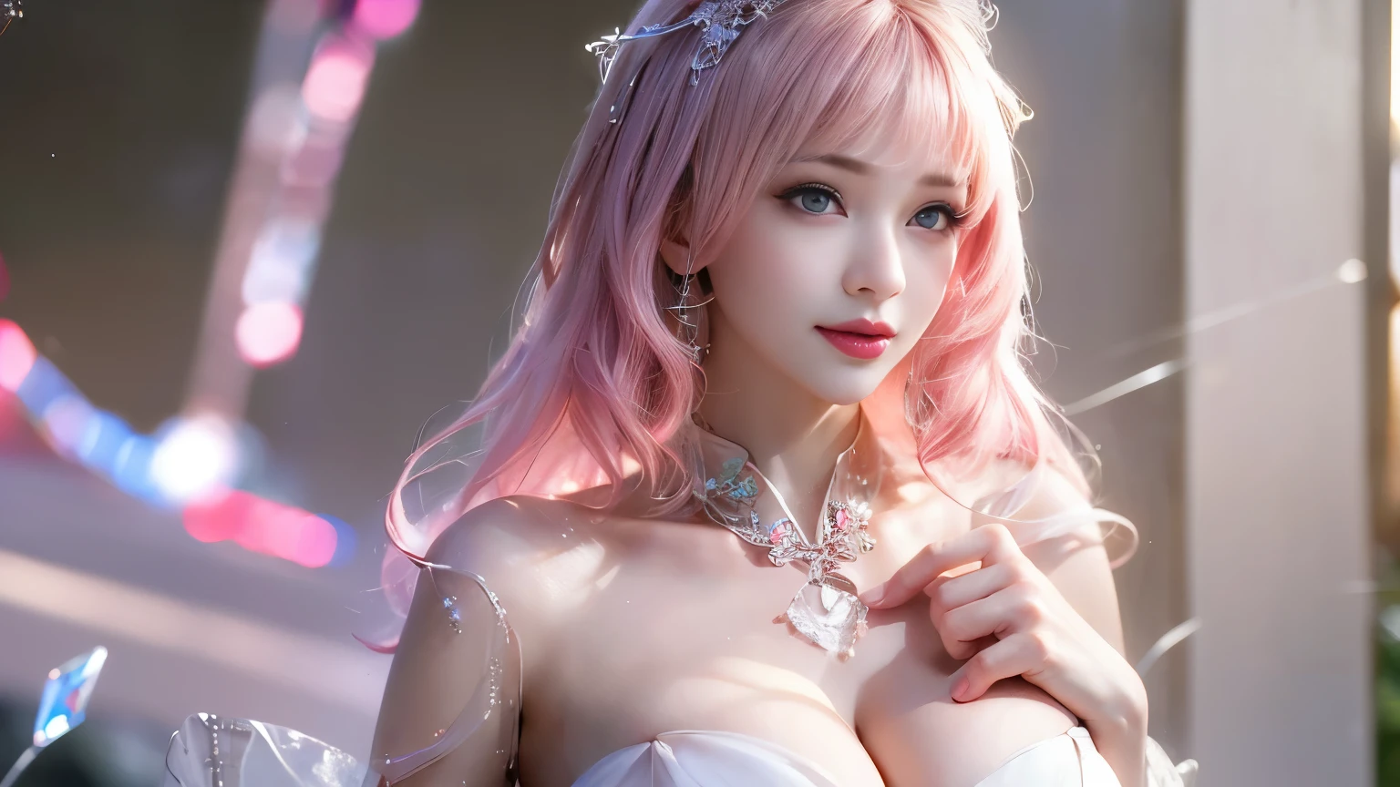 masterpiece,(best quality:1.3),ultra high res,raw photo,detailed skin,beautiful lighting,(realistic, photo-realistic:1.4),1girl,cheongsam,Crystal pink hair，laser，leishe，（Huge breasts:1.3）