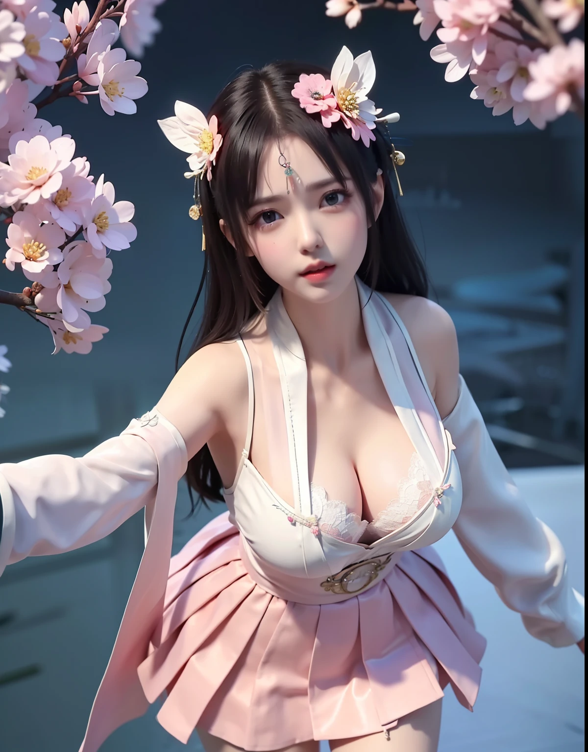 (8k, RAW photo:1.2), best quality, ultra high res,dramatic angle,(fluttered detailed color splashs), (illustration),(((1 girl))),(long hair),(rain:0.9), (Headdress:1.4),There is an ancient palace beside the girl,Hanfu,(Key Points),Color ink painting,(Splash of Color),Splash of Color,(((colorful))),(sketch:0.8) , Masterpiece, best quality, beautiful painted, highly detailed,(denoising:0.6),[splash ink],((ink refraction)), (beautiful detailed sky),moon,highly,detaild,(masterpiece, best quality, extremely detailed） CG Unity 8k Wallpaper，masterpiece，best quality，Ultra Detailed），（Lycoris）.shoulder ballet dress open V-chested clothes Thin silk lace dress short skirt , (huge ，cleavage),, white pink, blue ，best qualtiy，tmasterpiece，Ultra-high resolution，（Reality：1.4），RAW photogr，（True skin texture：1.3），（filmgrain：1.3），（Selfie angle），1个Giant Breast Girl，Beautiful eye and face details，tmasterpiece，Best quality at best，，The chest more exposed， detailed hair, bra pink , detail 8k, full body, lace petticoat, fan handle