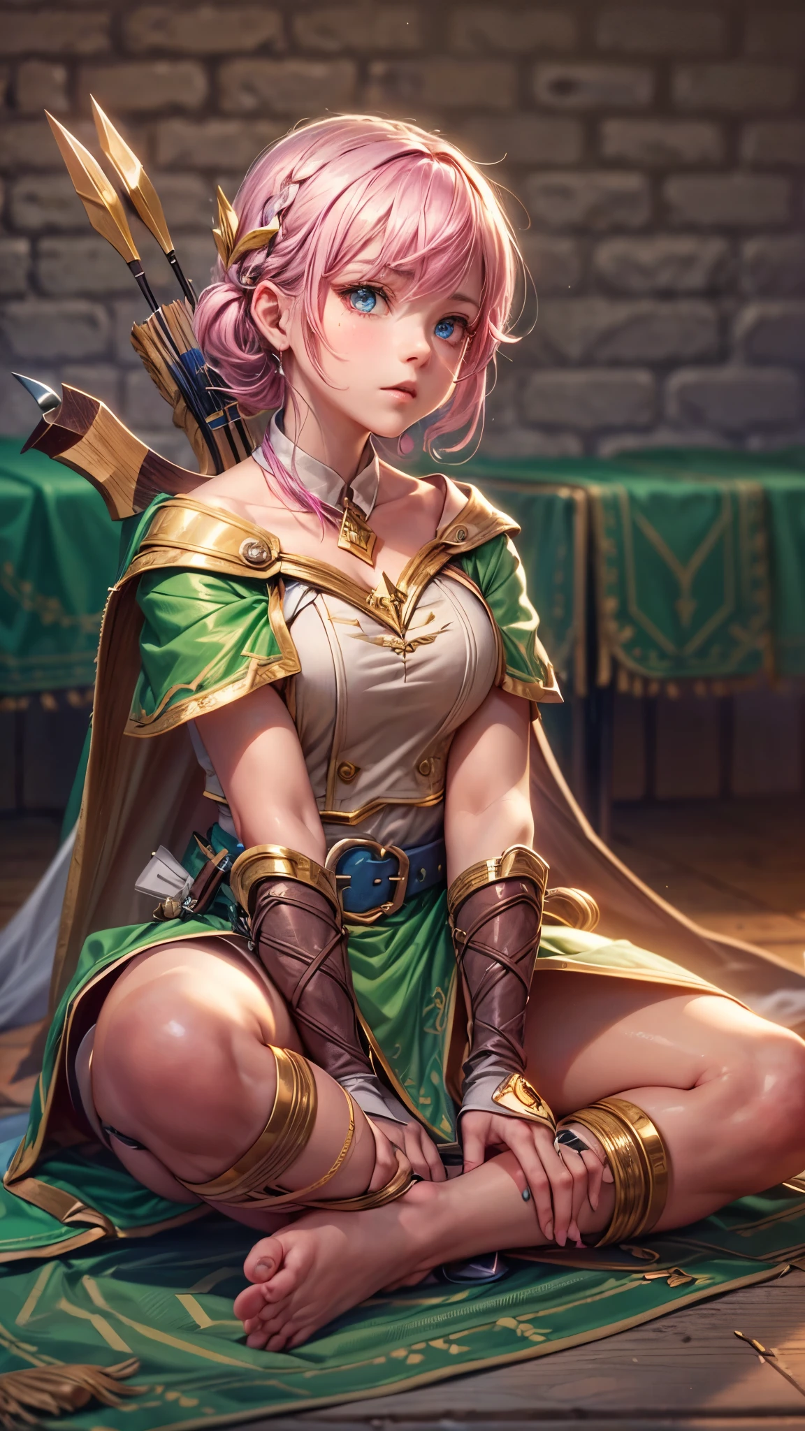a girl with pink hair in bangs, square cut, determined facial expression, big blue eyes, arrow holder on her back, wearing a green short sleeveless dress, green cape, bare feet, big leather belt, arrows on the ground, bow pose on the floor, sitting on the floor, looking at the camera, highly realistic, Clash Royale character, best quality, best lighting, dynamic point of view