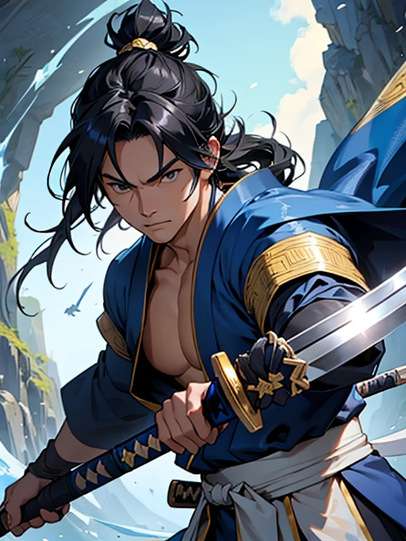 A blue and gold Japanese fantasy man, with Ultra HD, Super Detail, best quality, 8K holding a katana, he has black samurai hair.